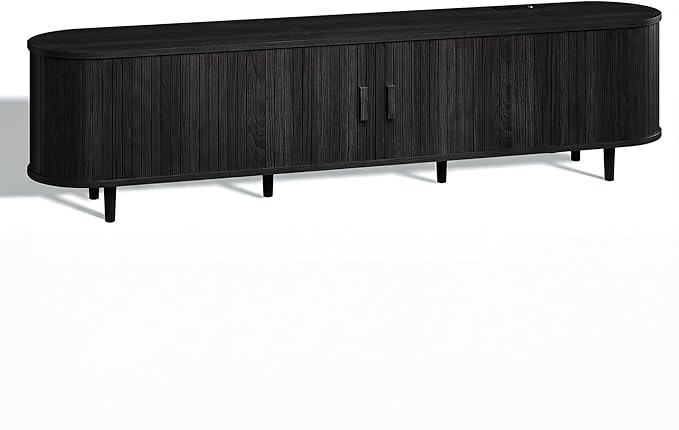 70 Mid Century Modern TV Stand Wood TV Consoles with Sliding Doors and Power Outlet Fluted Entertainment Center with Adjustable Shelves Media Console for Living Room Black
