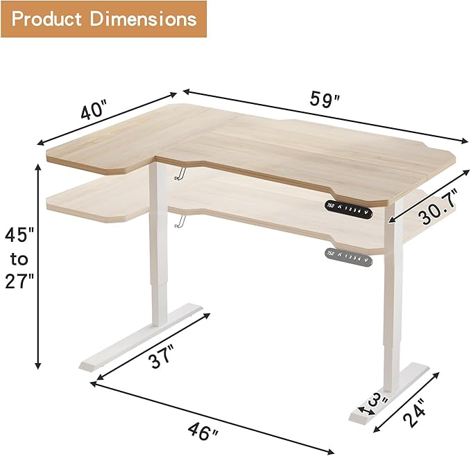 L-Shaped Standing Desk Adjustable Height Electric Desk 59 x 40 Inches for Home Office (Oak 59 x 29'')