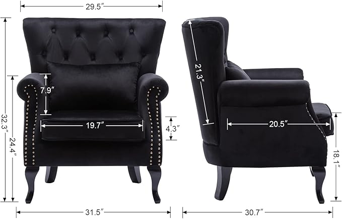 chairus Mid-Century Modern Accent Chair Comfy Tufted Single Sofa Chair Wingback Armchair with Pillow for Club Living Room Bedroom - Velvet Black
