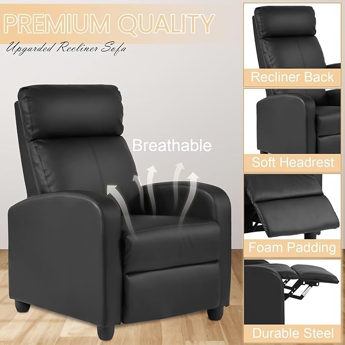 Massage Recliner Chair PU Leather Recliner Chair Recliner Sofa for Adults Home Theater Seating with Lumbar Support Bedroom Living Room Chair with Padded Seat Backrest Black