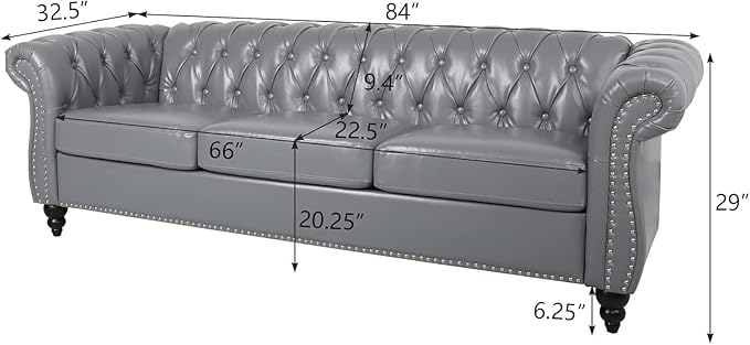 Chesterfield 3 Seater Sofa Modern Leather Tufted Couch 3 Seater with Rolled Arms and Nailhead Mid-Century Upholstered Couch for Living Room Bedroom Apartment and Office Grey