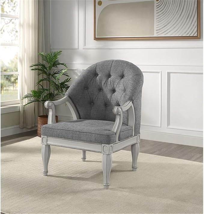 Pemberly Row Button Tufted Fabric &amp Wood Accent Chair Gray/Antique White Finish 41 H x 31 W x 32 D Foam Cushion Wooden Legs Transitional Style for Living Room or Family Room Seating