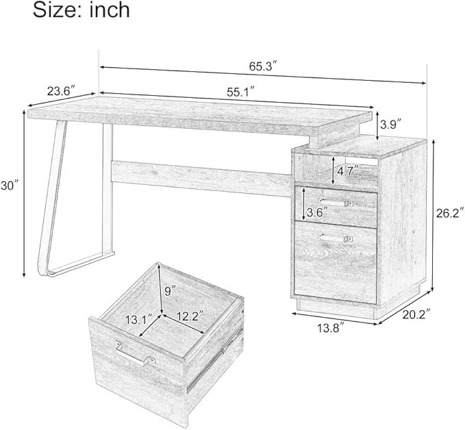Home Office Computer Desk with Drawers/Hanging Letter-Size Files 65 inch Writing Study Table with Drawers