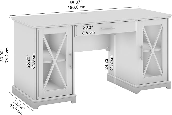 Bush Furniture Lennox 60W Farmhouse Desk with Storage and Keyboard Tray in Linen White Oak | Computer Table for Home Office Workspace