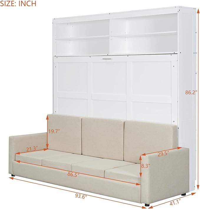 Linique Queen Size Murphy Bed with Sofa and Top Shelf Horizontal Wall Bed Versatile Convertible Wooden Bed Frame White 93.3x86.2