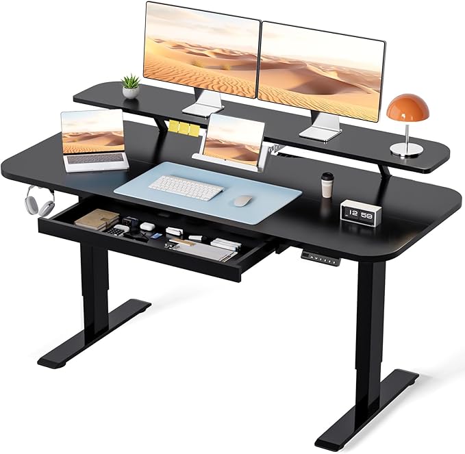 COMHOMA Electric Standing Desk with Drawers 48 x 24'' Sit Stand up Desk with Monitor Stand Laptop Stand Height Adjustable Ergonomic Home Office Computer Desk with Memory Preset Controller (Black)