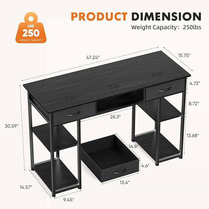 47 Inch Computer Desk with 2 Drawers Home Office Desk with Wooden Shelves Study Writing PC Table for Small Spaces Bedroom Dorm or Living Room Black