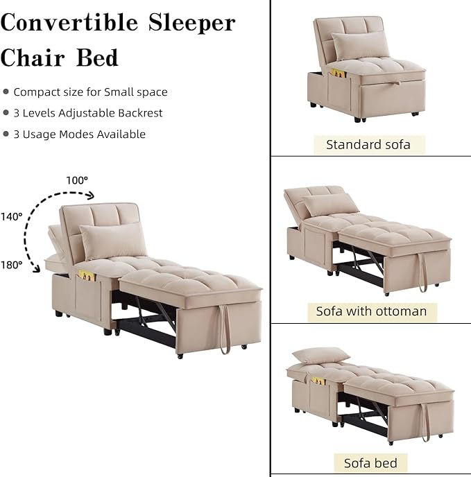 24.5 Wide Convertible Sleeper Chair with Pull Out Bed 4-in-1 Chair Bed with Adjustable Backrest &amp Storage Pockets Armless Metal Frame | Space-Saving Couch for Living Room &amp Bedroom (Gray)