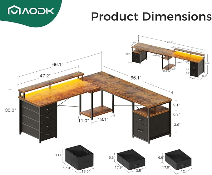 AODK 66 L Shaped Computer Desk 113“ Reversible Home Office Desk with File Cabinet &amp 4 Fabric Drawers Two Person Desk with LED Lights &amp Power Outlet Corner Gaming Desk with Monitor Shelf V
