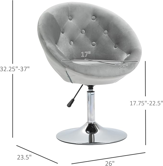 Modern Makeup Vanity Chair Round Tufted Swivel Accent Chair with Chrome e Height Adjustable for Living Room Bedroom Gray
