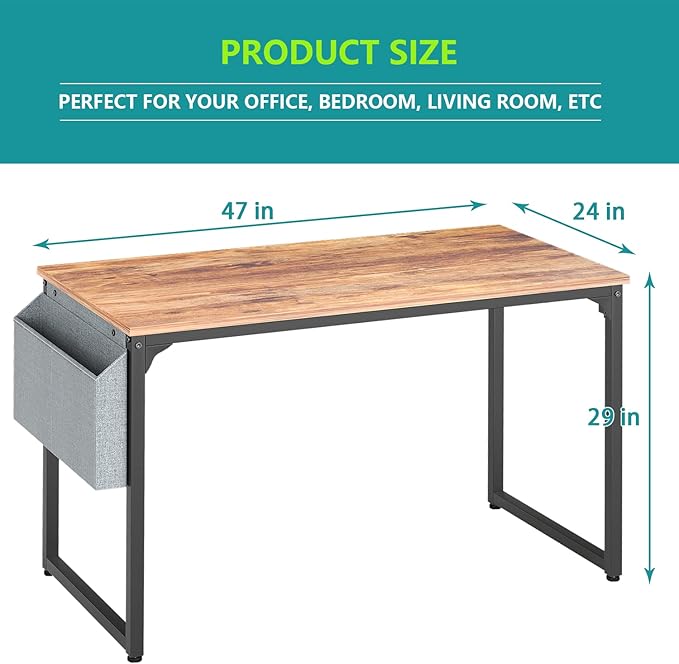 PayLessHere Computer Desk with 2 Shelves 47 in Length Study Writing Table 2-in-1 Large Office Desk with Metal Legs Adjustable feet Modern Furniture for Home Office Study Room-Rustic Brown