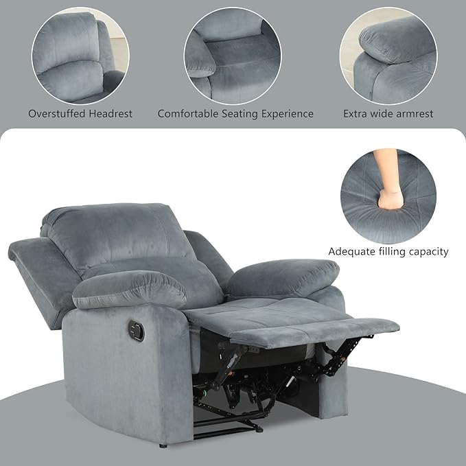 CANMOV Manual Recliner Chair Soft Fabric Overstuffed Recliner Single Sofa Chair for Living Room Heavy Duty and Safety Reclining Mechanism (Blue Grey)