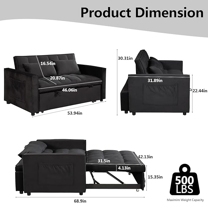 Sleeper Sofa Velvet Pull Out Sofa Bed Convertible Sofas Couch Adjustable Backrest Loveseat Sofa Couch Side Pocket for Living Room OfficeSmall Space-Black