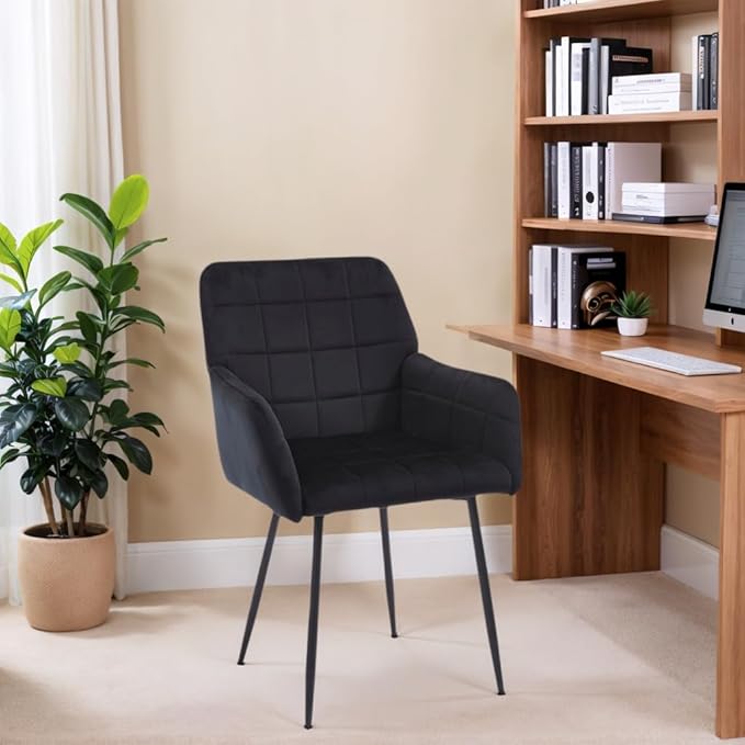 Black Velvet Modern Living Room Chair Set of 4 upholstered Kitchen Chair with Black Metal Cross Legs Tufted Side Chair with arms and high Back