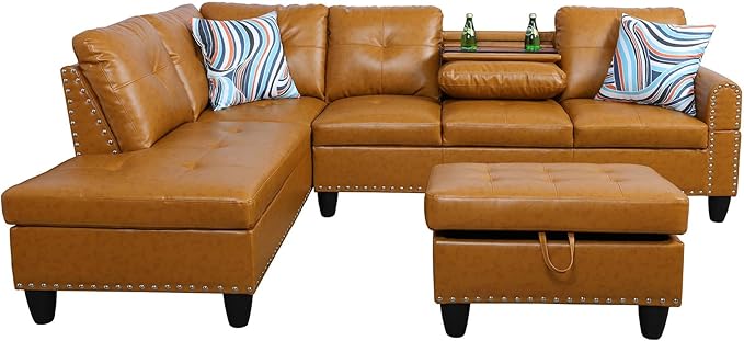 L Shaped Sectional Couches Convertible Lounge Leather Couch with Reversible Cup Holder Nail-Head Design Modern Modular Sectional Sofa for Living Room Furniture Sets Orange B