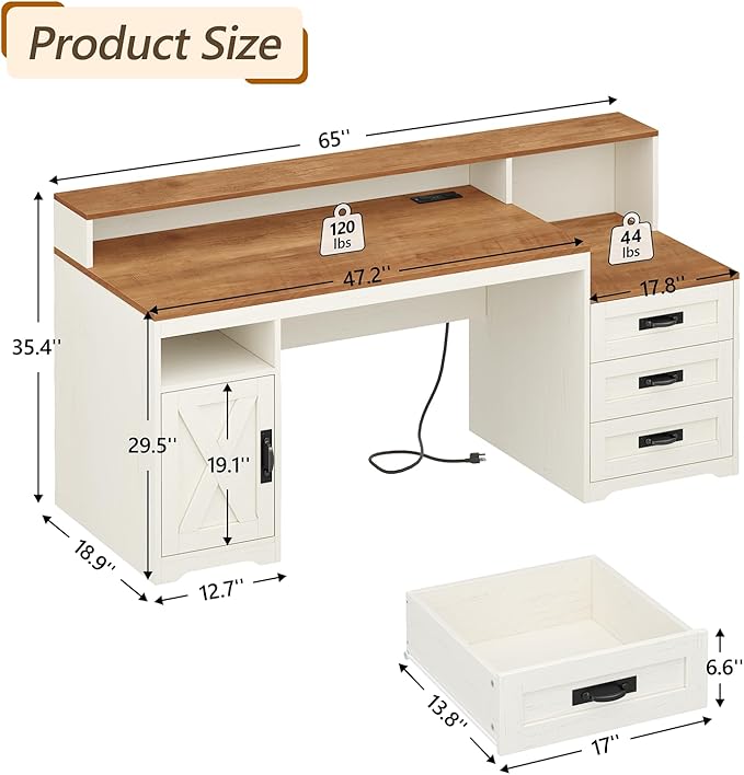 TVU Farmhouse Computer Desk with Drawers 65'' Home Office Desk with Power Outlets Storage Cabinet and Printer Stand Study Writing Desks with Long Monitor Stand Brown and White