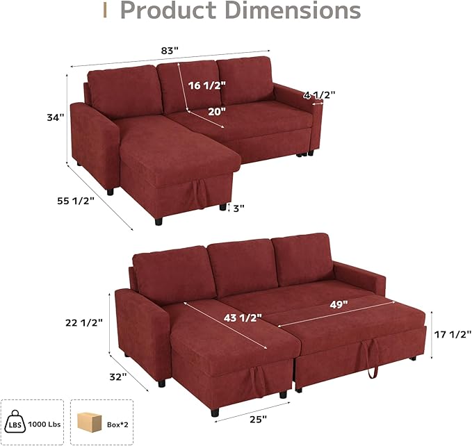 L-Shaped Sleeper Sofa with Chaise Lounge &amp Storage Pull-Out Couch Bed with Recliner Full Size Futon for Living Room Office Apartment Red