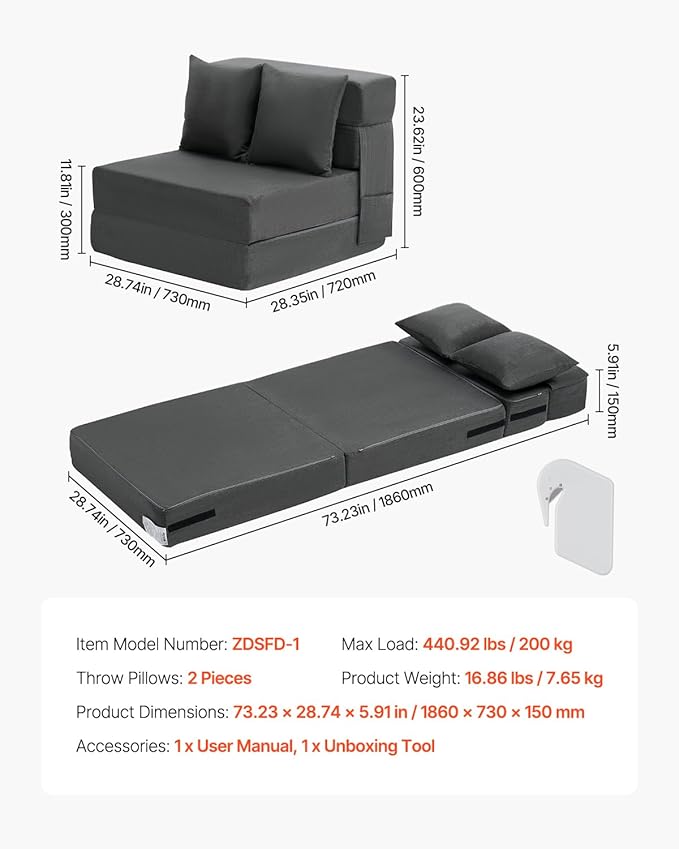 VEVOR Folding Sofa Bed 3-in-1 Foldable Couch Bed with 2 Pillows and Washable Cover 25D High Density Memory Foam Convertible Sleeper Chair Bed Futon Couch for Living Room Bedroom Dark Grey(Single)
