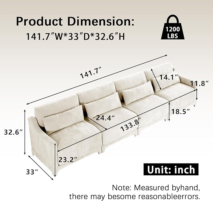 Modular Sectional Sofa Set Optional 2-4 Seater with Lumbar Pillows &amp 0-2 Ottomans Chenille Fabric Ergonomic Easy Assembly for Living Room/Bedroom/Reading Nook (4 SeatBeige)