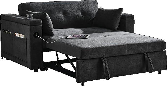Convertible Sleeper Sofa Bed Pull-Out Recliner Couch with Adjustable Backrest Storage Armrests Side Pockets Cup Holders USB Charging Ports Chenille Loveseat for Living Room Use (Grey)