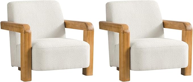 HULALA HOME Boucle Accent Chair Modern Low-Profile Leisure Armchair with Thick Padded Seat Cushion Solid Wood Frame &amp Curved Armrests Ideal for Living Room/Bedroom/Reading Corner(Beige Set of