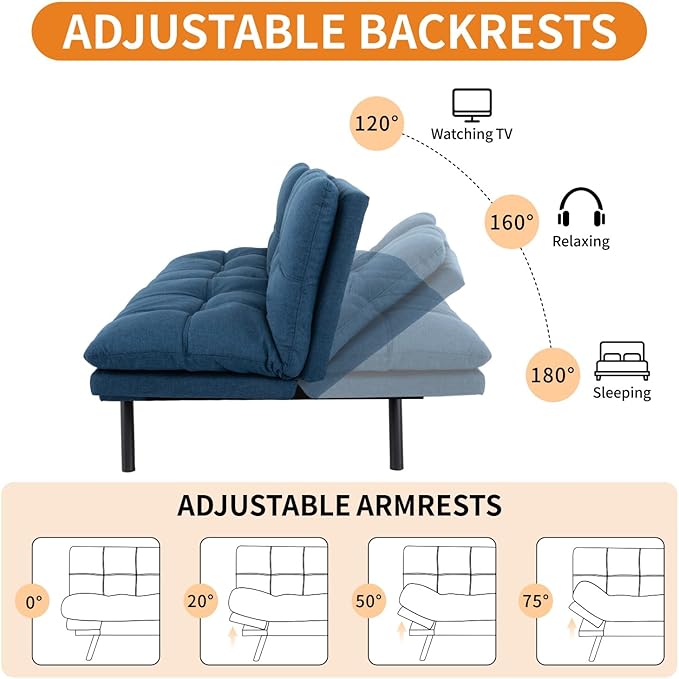 MUUEGM 71-Inch Convertible Futon Sofa Bed with Adjustable Backrest &amp Removable Armrests Foldable Sleeper Loveseat for Small Space Living Room Studio Apartment Home OfficeBlue