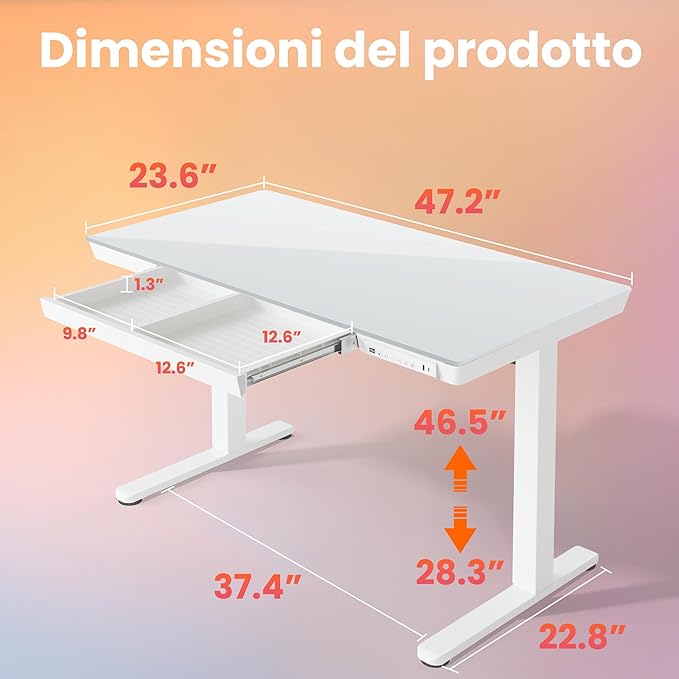 HUANUO Glass Standing Desk with Drawers 48 x 24 Inch Electric Adjustable Height Desk Quick Install One-Piece Tabletop with USB Charging Ports White