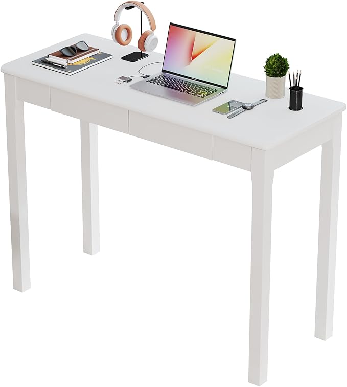 Wood Desk with Drawers - Solid Wood Mid Century Modern Desks for Bedroom Small Computer Desk for PC Laptop Study Makeup 39.4 W x 29.5 H x 15.75 D in White