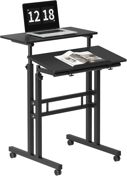 sogesfurniture Mobile Standing Computer Desk for Home Office Height Adjustable Laptop Workstation on Wheels with Keyboard Tray Small Portable Rolling Writing Table Sit to Stand Riser Black