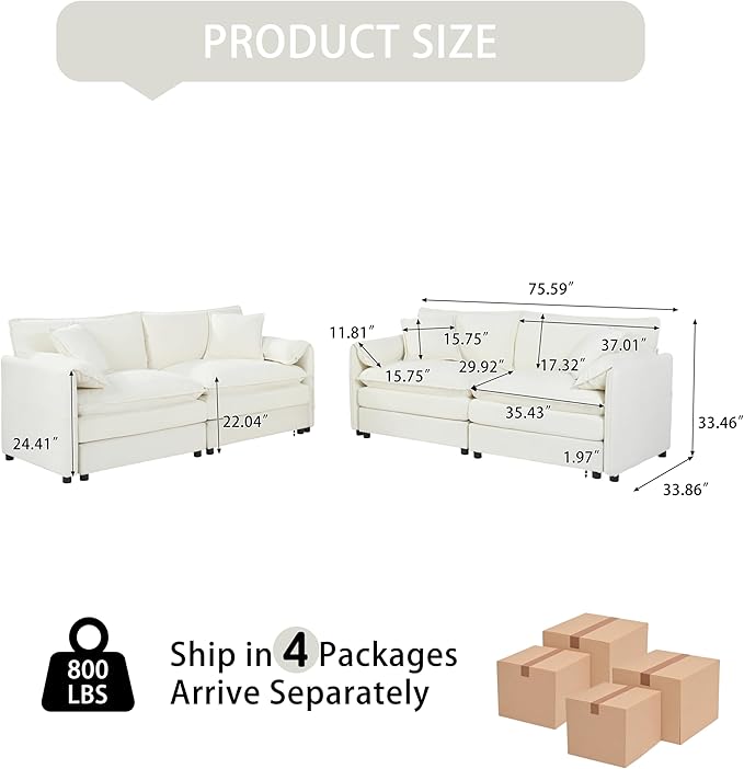 Modular Sectional Sofa Sets2 Pieces Chenille Sectional Loveseat SofasDeep Seat Comfort4-Seater Comfy Couch for Living Rooms &amp Apartment Guest Rooms Beige