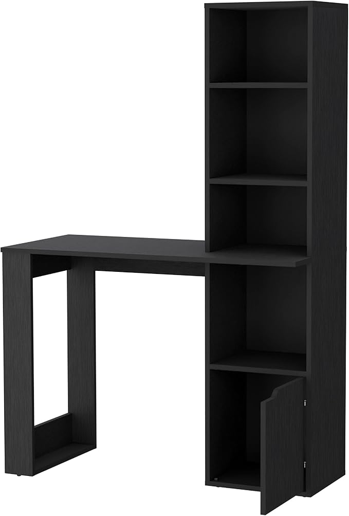 Computer Desk with 4-Tier Bookcase and 1-Door Cabinet Ample Work Surface for Home Office Living Room Black