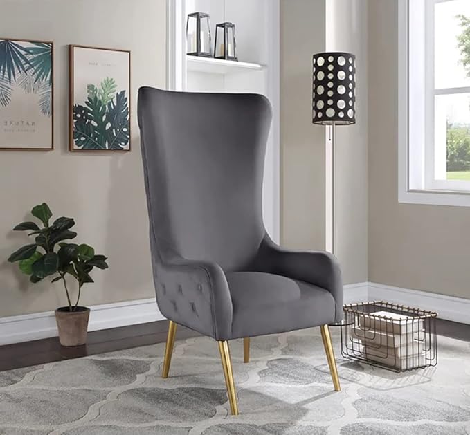 Best Master Furniture Venetian 50 High Back Tufted Velvet Accent Chair Wingback Lounge Armchair with Gold Legs and Upholstered Button Detailing for Living Room Bedroom or Office (Grey)