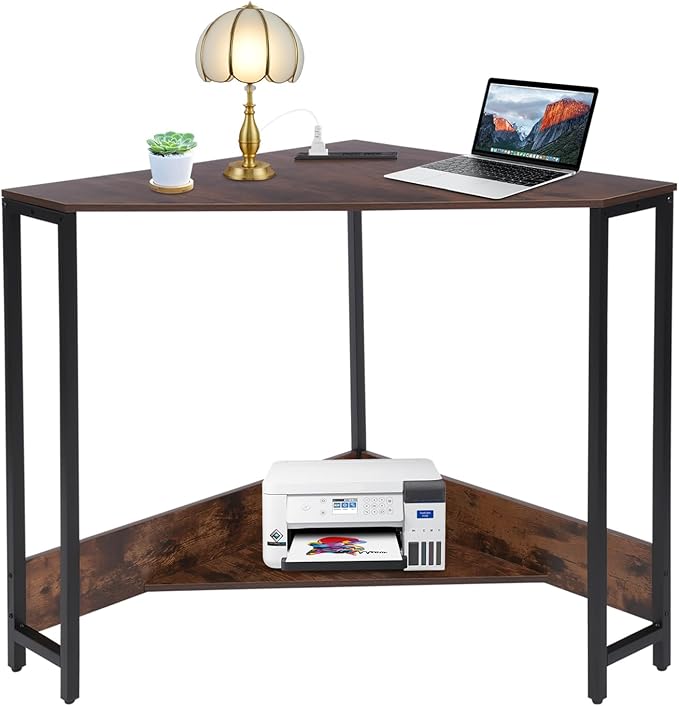 Corner Small Desk with Outlets Triangle Desk with Storage for Small Space Home Office Workstation Living Room Bedroom (Brown)