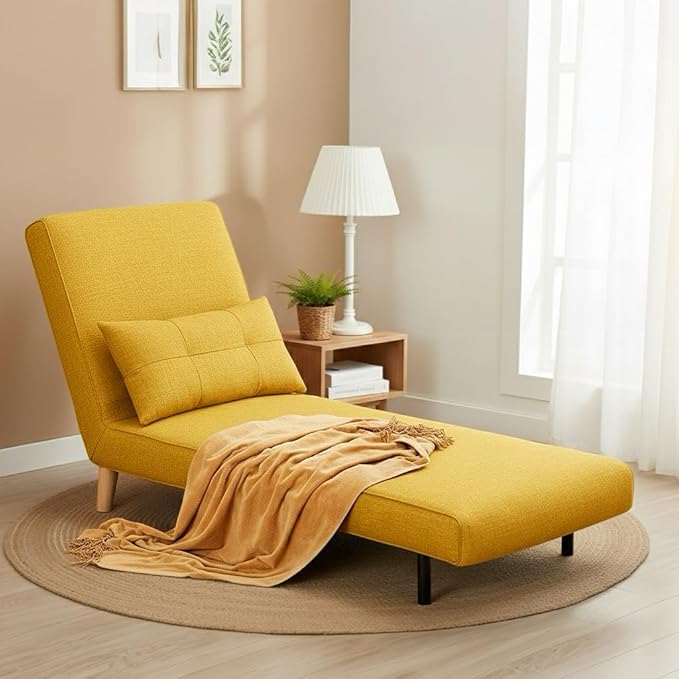 Ahomly 3 in 1 Sleeper Chair Bed Chair Bed Sleeper for Adults with 6 Angle Adjustable Backrest Convertible Single Futon for Living Room/Apartment/Office Yellow