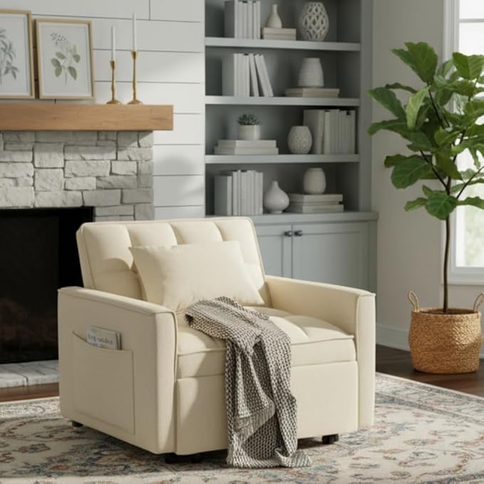 Sleeper Chair Pull Out Chair Sleeper with Adjustable Back &amp Pocket Convertible Chairs Bed Sleepers for Adults 3 in 1 Sofa Bed Chairs for Small Spaces Living Room White