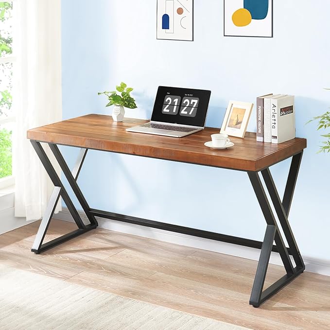 Real Wood Computer Desk Modern Natural Wood Home Office Desk Rustic Solid Wood Work Study Writing Desk Farmhouse Workstation PC Gaming Executive Table for Bedroom Brown 47 inch