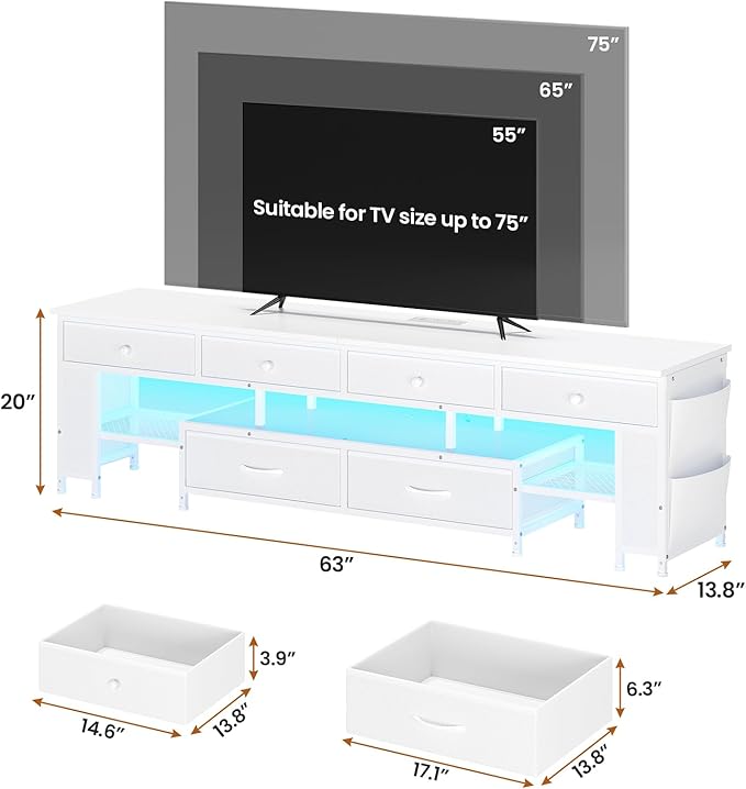 BTHFST LED TV Stand for 65/70/75 Inch TV Entertainment Center with Storage &amp Power Outlets 63 TV Stand with 6 Drawers &amp 4 Bags &amp Shelves TV Console Media Console for Living Room Bedro