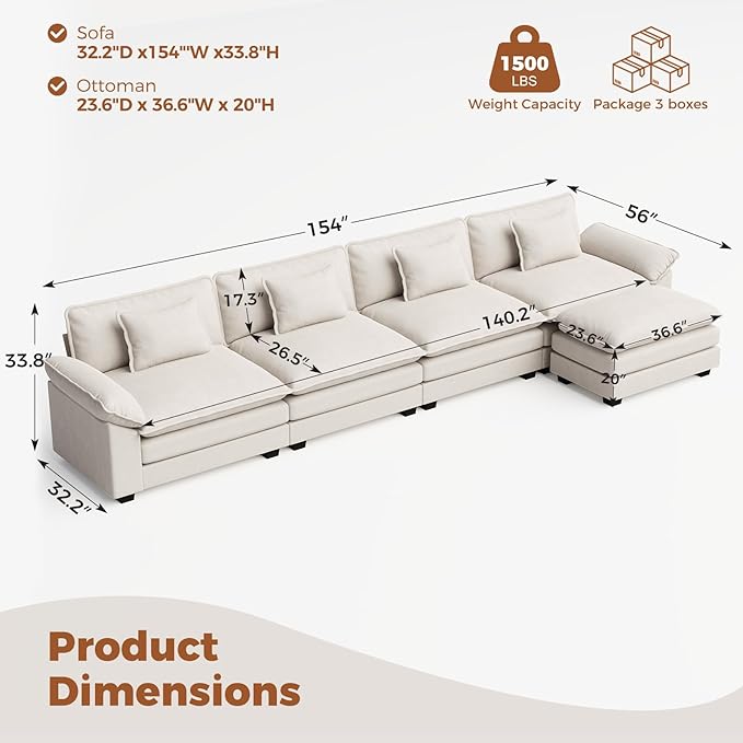 CDCASA 154 Modular Sectional Sofa Comfy L-Shaped Cloud Couch with Movable Ottoman Oversized 5-Seater Velvet Deep Seat Sofa Couch for Living Room DIY Combination Beige