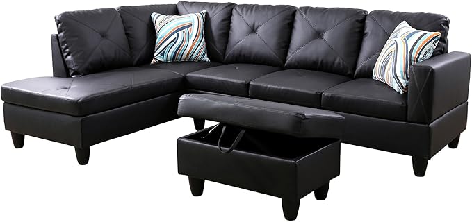 FONTOI L Shaped Sectional Couch with Otttoman 97 Leather Sectional Sofa for Living Room Modular Couches with Cup Holders for Bedroom Apartments Black