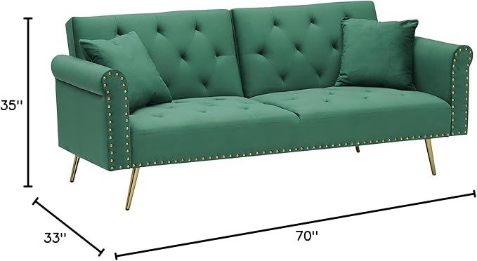 69.7'' Convertible Velvet Sleeper Sofa Bed Upholstered Futon Couch with Nail Head Trim and 2 Matching Throw Pillow for Living Room Bedroom Home Office (Green)