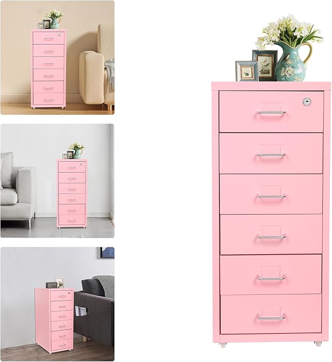 6 Drawers Mobile File Cabinet Rolling Vertical Filing Cabinet Under Desk Storage Organization 16 D x 11 W x 27 H (Pink)