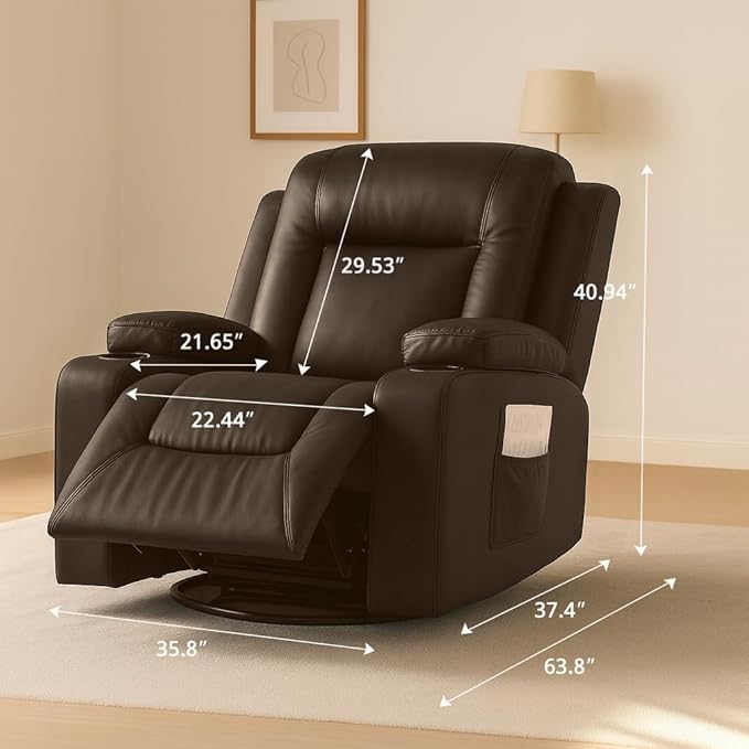 COMHOMA Recliner ChairPU Rocking Chair for AdultsSwivel Recliner with Cup HoldersSingle Sofa Seat with Side Pockets for Living RoomBedroom(Brown)