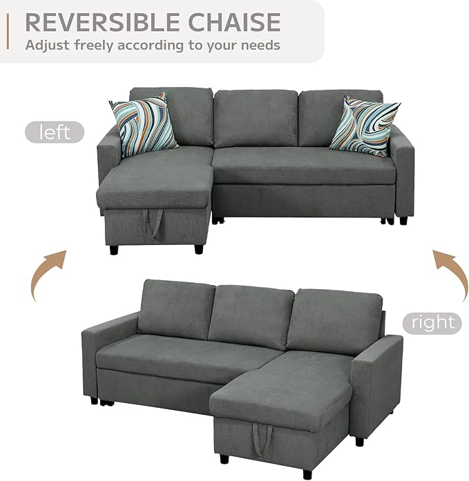 L-Shaped Sleeper Sofa with Chaise Lounge &amp Storage Pull-Out Couch Bed with Recliner Full Size Futon for Living Room Office Apartment Dark Grey