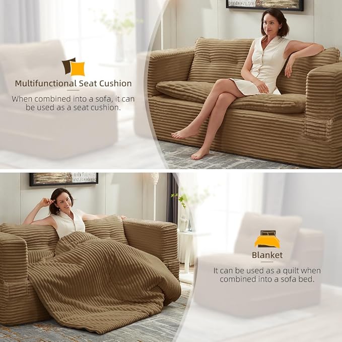 2 Pieces Sofa and loveseat Set Convertible Queen Sleeper Couch Bed for Living Room Foam Folding Futon Love seat Sofa Button Tufted Upholstered Furniture No Assembly Couches for Bedroom Camel