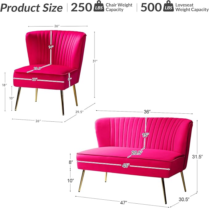 HULALA HOME 3 Piece Velvet Living Room Furniture Set Modern Comfy Upholstered Chair Set with Golden Legs include Loveseat &amp 2 Accent Chairs for Bedroom FUCHSIA Tufted 2-Seater Sofa &amp Armles