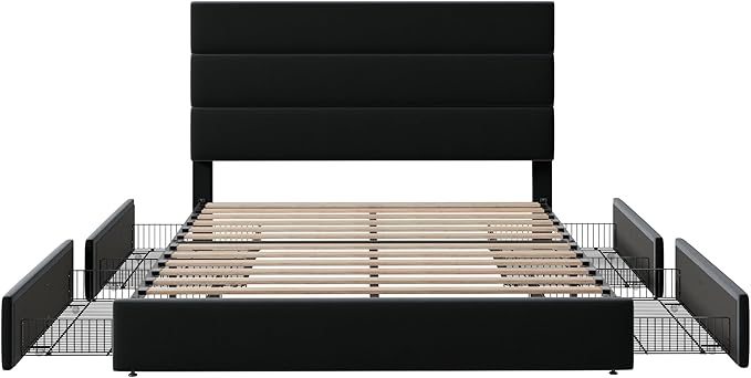 Allewie Modern Full Size Platform Bed Frame with 4 Storage Drawers and Velvet Upholstered Headboard Wooden Slats Support Upholstered Mattress Foundation/No Box Spring Needed/Easy Assembly Black