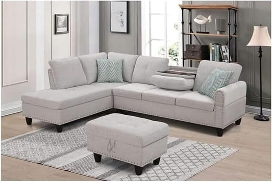Sophisticated Simplicity Sectional Sofa with Ottoman Living Room Set Left Facing Chaise 2 Cup Holders 2 Throw Pillows Tufted Back and Seat - 99.5 D x 67 W x 32 H Light Gray