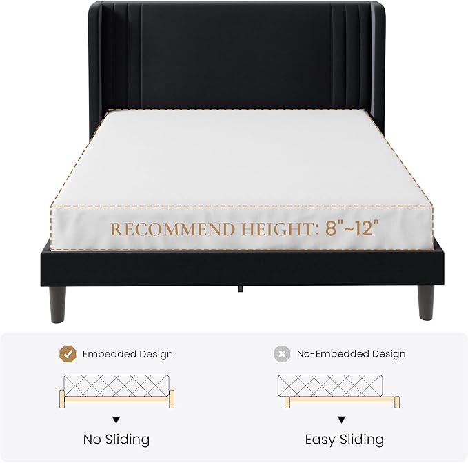 SHA CERLIN Full Size Velvet Upholstered Platform Bed Frame with Vertical Channel Tufted Wingback Headboard Wooden Slats Support Easy Assembly Under Bed Storage No Box Spring Required Black