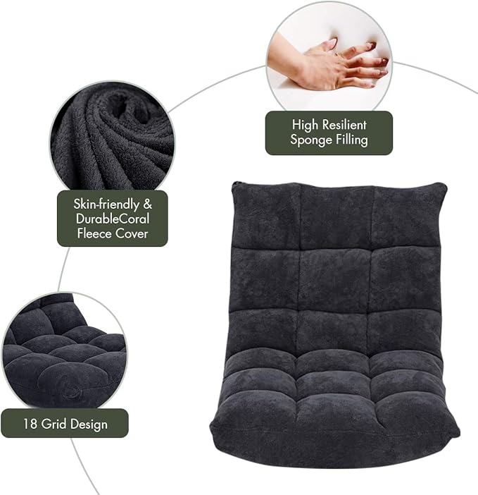 S AFSTAR Cushioned Floor Chair 14-Position Adjustable Padded Lazy Recliner with Comfortable Back Support and Skin-Friendly Cover Great for Reading Playing Game Meditating (Mysterious Black)