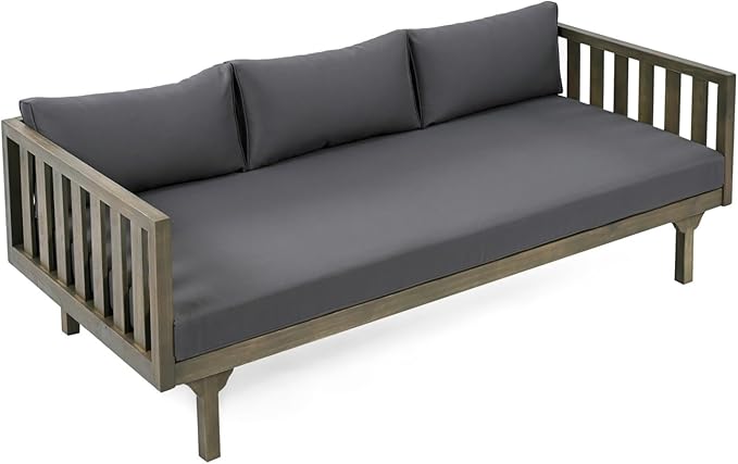 Merax Solid Acacia Wood Couch Chaise Lounge Chair Indoor 3 Seater Daybed Sofa Couches with Cushions &amp Pillow Heavy Frame Day Bed for Living Room Office Outdoor Balcony Patio Water Resistant